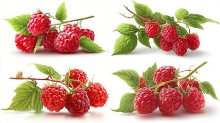Four arrangements of bright red, juicy, ripe berries, showcasing detail on branches with green leaves