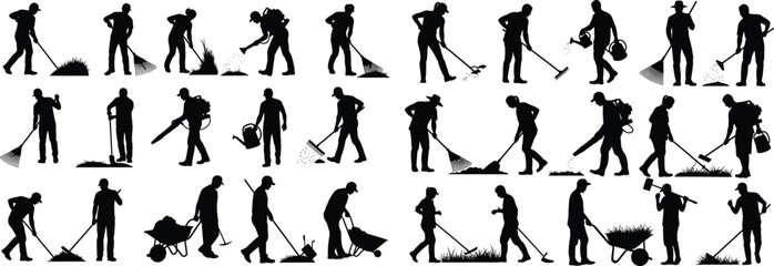 Gardener and Landscaper Silhouette Set. Man Working in Yard, Raking Leaves with Rake and Leaf Blower. Autumn Cleanup Vector Icon Collection.