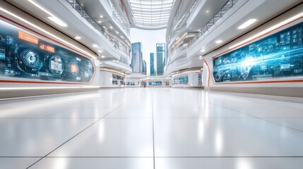 Futuristic Hub: Modern architecture with clean lines, state-of-the-art digital displays and integrated design, inviting curiosity and innovation.