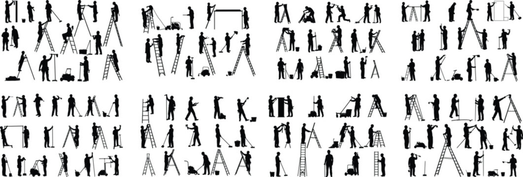 Painter Worker Silhouette Set. Man Painting Wall, Climbing Ladder for Home Improvement and Renovation. Vector Icon Collection.