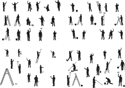 Painter Worker Silhouette Set. Man Painting Wall, Climbing Ladder for Home Improvement and Renovation. Vector Icon Collection.