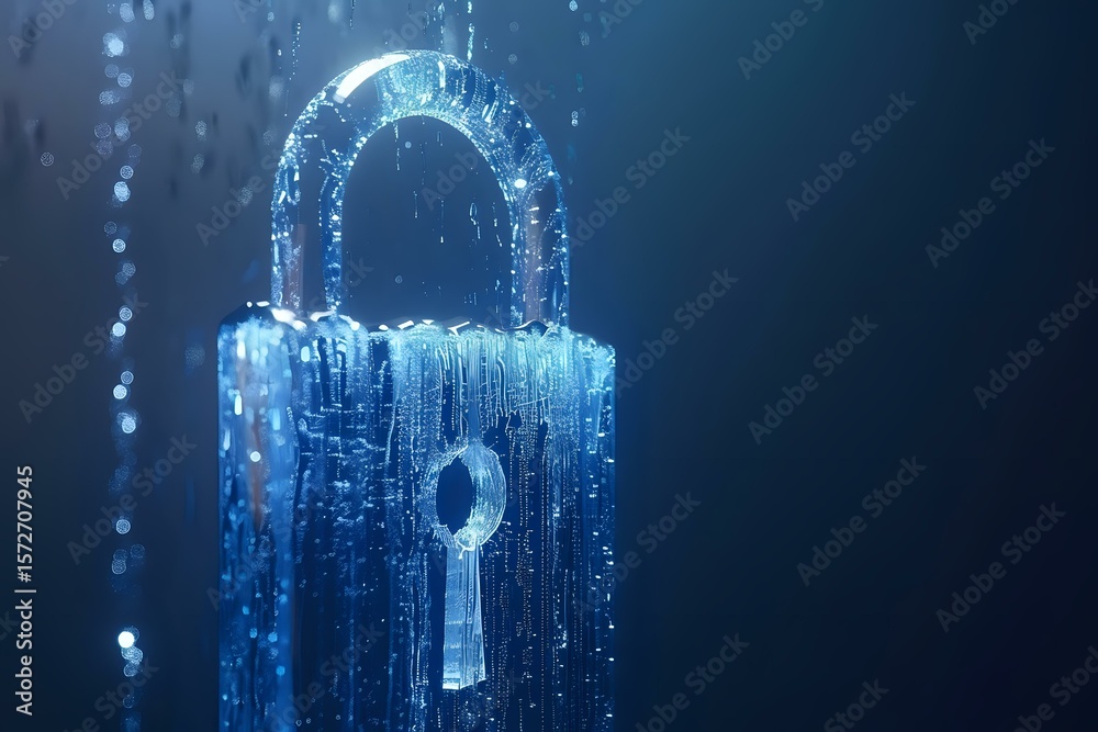 Poster digital padlock with glowing blue particles and binary code streams representing cybersecurity, data