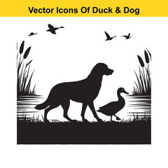 Dog and Duck Vector Illustration Bundle – Hunting, Wildlife, and Animal Interaction Poses