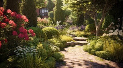 A serene garden path winds through a summer landscape, inviting a peaceful stroll amidst trees, flowers, and green grass