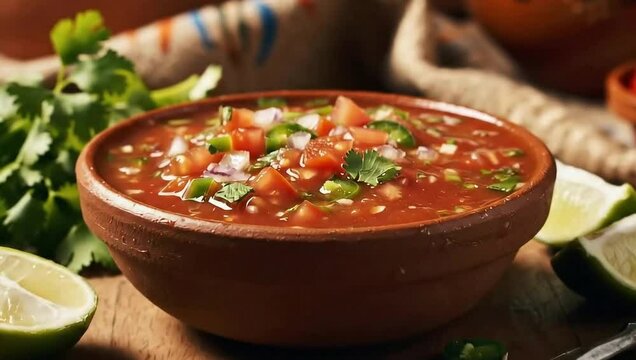 Delicious Soup: A captivating close-up video of tomato soup in a rustic, earthy bowl, perfect for whetting your appetite.