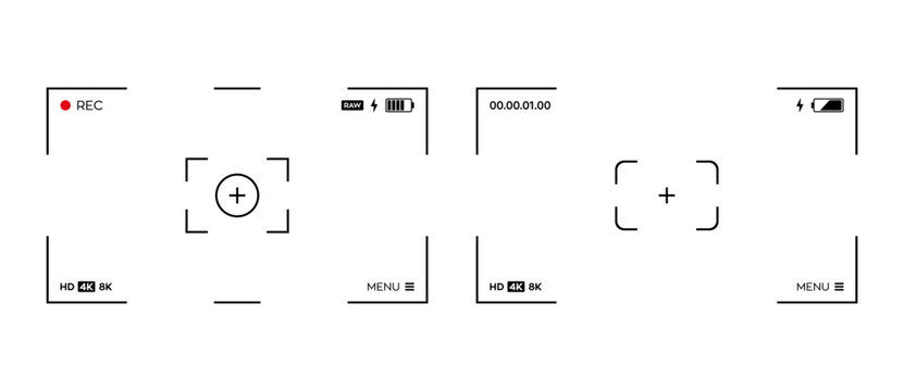 Video camera frame viewfinder screen design set. 4K camera recording, display, full HD format, digital display interface for overlay use. Red rec icon, timing, video screen transparent PNG, and vector