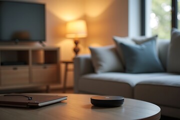 A smart home device on a modern living room table with soft lighting, styled for home tech ads