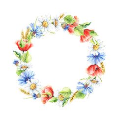 Watercolor floral frame. Poppy, cornflower, daisy, wheat, birch leaves, wreath. Hand painted clipart with field flowers, herbs, greenery isolated on white. Summer botanical illustration .