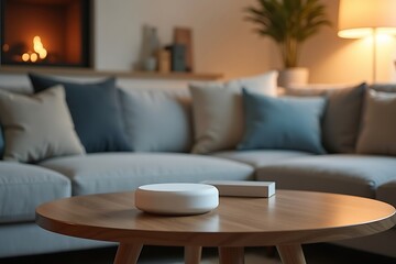 A smart home device on a modern living room table with soft lighting, styled for home tech ads