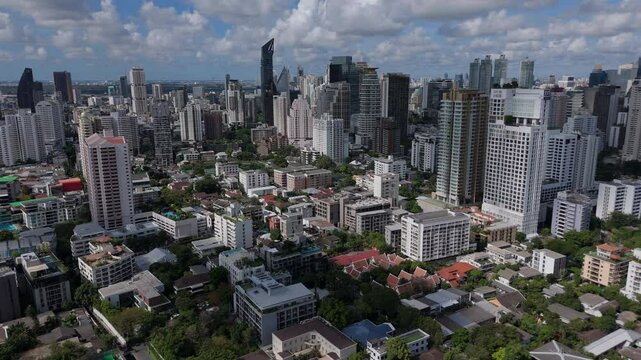 High Rise Buildings In The Phrom Phong Urban Area In Bangkok, Thailand. Aerial Drone Shot
