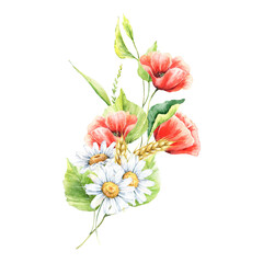 Obraz premium Watercolor floral bouquet. Poppy, chamomile, daisy, wheat, birch leaves illustration. Hand painted clipart with field flowers, herbs, greenery isolated on white. Summer botanical print