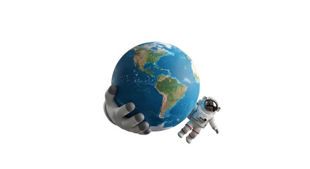 Fototapeta premium Earth held by hands in space with astronaut