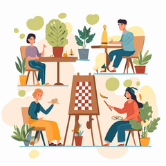 Fototapeta premium Artistic Rendezvous: Illustrative depiction of individuals engrossed in creative pursuits, surrounded by potted plants, capturing the essence of leisure and artistic inspiration.