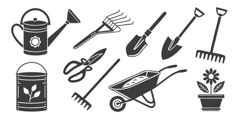 Collection of Gardening Tools and Equipment in Simple Icons in vector