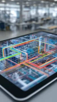Macro shot of a tablet screen featuring sophisticated BIM interfaces with colorful illustrations of MEP mechanical electrical plumbing designs emphasizing modern architecture and engineering