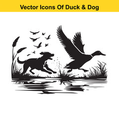 Dog and Duck Vector Illustration Bundle – Hunting, Wildlife, and Animal Interaction Poses