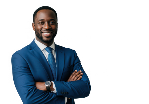 Confident businessman with arms crossed smiles against a transparent background