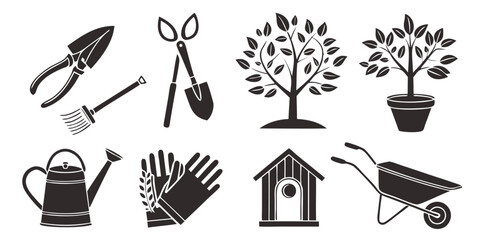 Set of Simple Black and White Garden Tools and Elements in vector