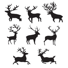 Deer silhouette set, Deer silhouette hunting silhouettes pack, Deer set, animals silhouette set, Black reindeer silhouettes, Deer set pro design Vector.