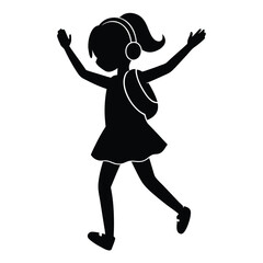 Silhouette of a Little Girl Dancing with Headphones and Backpack