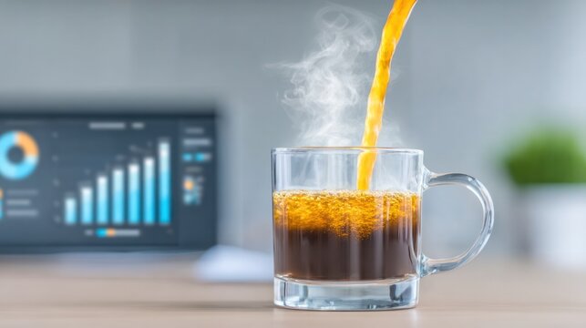 Brewing Momentum: Freshly brewed, aromatic coffee steams in a transparent mug, with a vibrant stream cascading from above, positioned with a laptop displaying rising financial data.