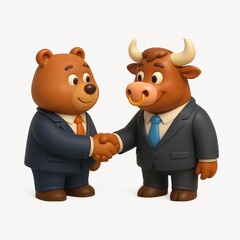 Business handshake between bear, bull.