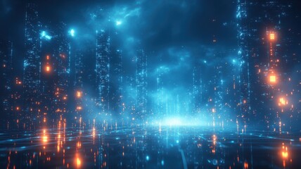 Obraz premium Abstract Futuristic Digital Cityscape with Glowing Blue and Orange Lights and Reflection lights grid
