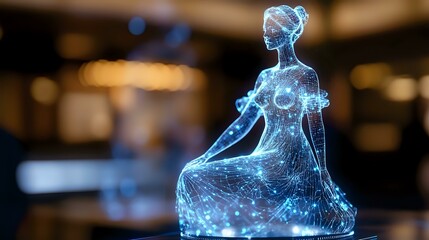 Glowing blue hologram silhouette of woman in dress with constellation effect against dark background, futuristic technology concept for presentations.