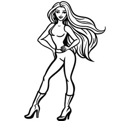 Stylish woman with long wavy hair and high heels silhouette
