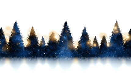 Obraz premium Magical winter forest silhouette against starry night sky with glowing lights and snow, creating mystical woodland atmosphere for seasonal designs and holiday backgrounds.
