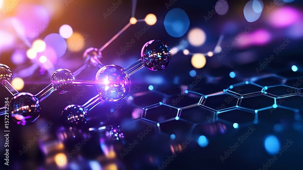 Poster glowing molecular structure with hexagonal pattern and connected spheres on dark background with col