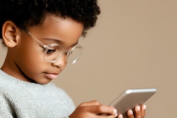 Young African American child wearing glasses focused on mobile phone screen, wearing gray sweater against neutral beige background, side profile view.