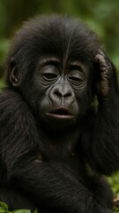 Naklejka premium Thoughtful baby gorilla portrait.