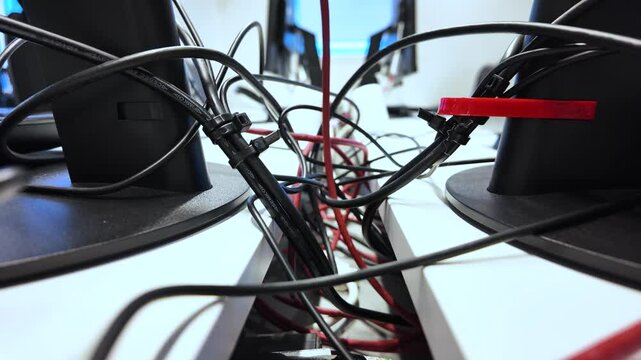 Messy cables and wires creating a chaotic scene under computer monitors in an office workplace