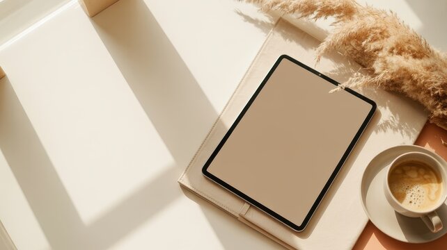Neutral Aesthetic: Tablet Mockup, Beige Notebook, Coffee, Pampas Grass