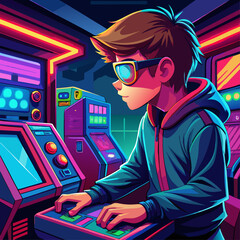 A boy is playing a video game in a neon-lit room. He is wearing sunglasses and a hoodie