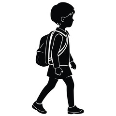 Silhouette of a schoolboy walking with backpack side view isolated on white