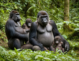 A family of mountain gorillas with a baby gorilla and a silverback posing for a picture in Rwanda. The natural life of an animal in a green forest.