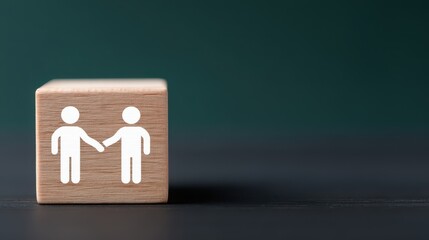Wooden Cube with Handshake Figures on Dark Background