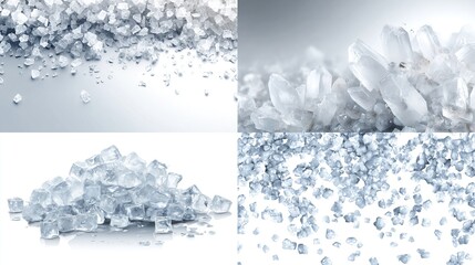 Fototapeta premium Four different close-up images of scattered crystalline salt, against a gray and white background, for culinary uses