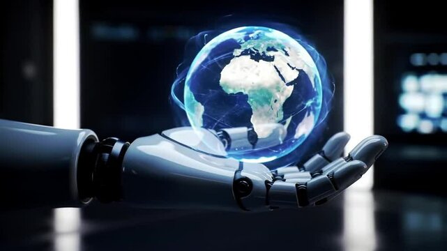 Close-up of a robotic hand gently holding a glowing blue hologram of Earth in a dark, futuristic lab setting, subtle reflections and soft lighting, smooth camera movement | 4k Video