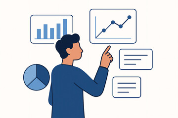Businessman analyzing bar and pie charts on screen with data visualization and statistics for business report or marketing strategy concept