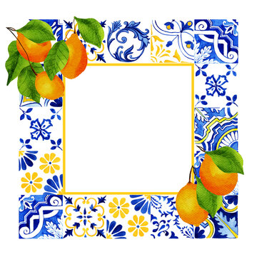 Watercolor Lemons Decorative Wedding Frame, Mosaic Tiles Border with Portuguese Azulejos Traditional Heritage and Citrus Fruits, Isolated Square Frame Hand Drawn Design in Yellow and Blue