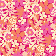 Pink flat flowers seamless vector pattern in pink, red and creamy colors