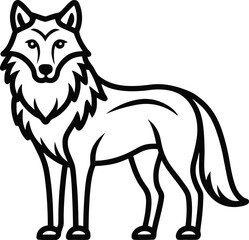 Stylized black and white line art illustration of a wolf standing isolated on white background
