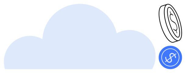 Large light blue cloud with black and blue currency icons, representing digital savings, fintech, and cloud storage. Ideal for finance, technology, investment, economy, innovation cryptocurrency