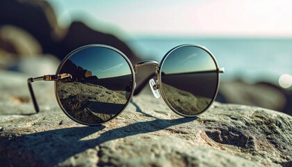 Stylish Sunglasses on Rock with Blurred Beach Background – Summer Fashion and Travel Scene