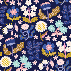 Dark navy vector seamless floral flat pattern