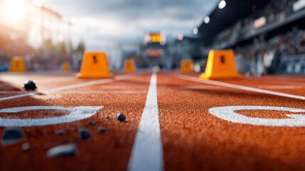 Running Track Start Line: Close-up view of a running track's start line, with numbers and lane markings clearly visible, emphasizing the anticipation and intensity of a race about to begin.