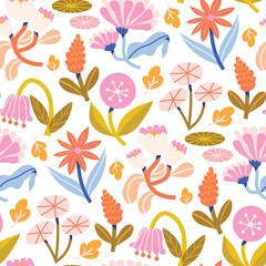 Flat flowers seamless vector pattern in summer colors